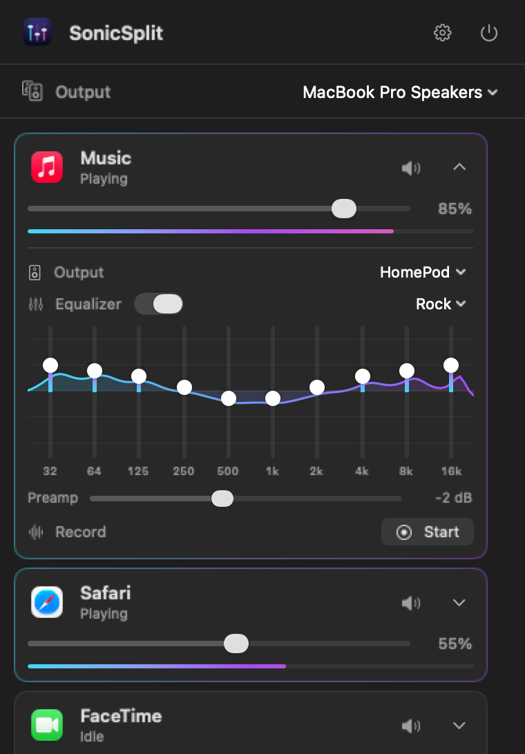 Music expanded in SonicSplit: output set to HomePod, Rock EQ preset on ten bands, preamp at minus 2 dB and a Record button
