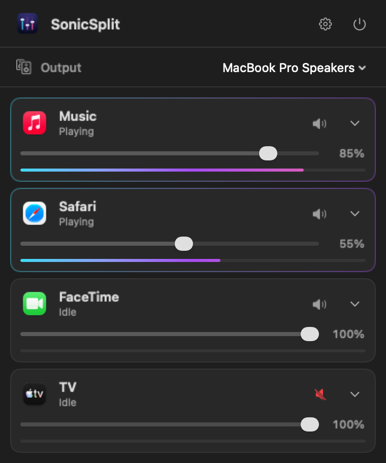 SonicSplit panel with Music, Safari, FaceTime and TV, each with its own volume slider and level meter