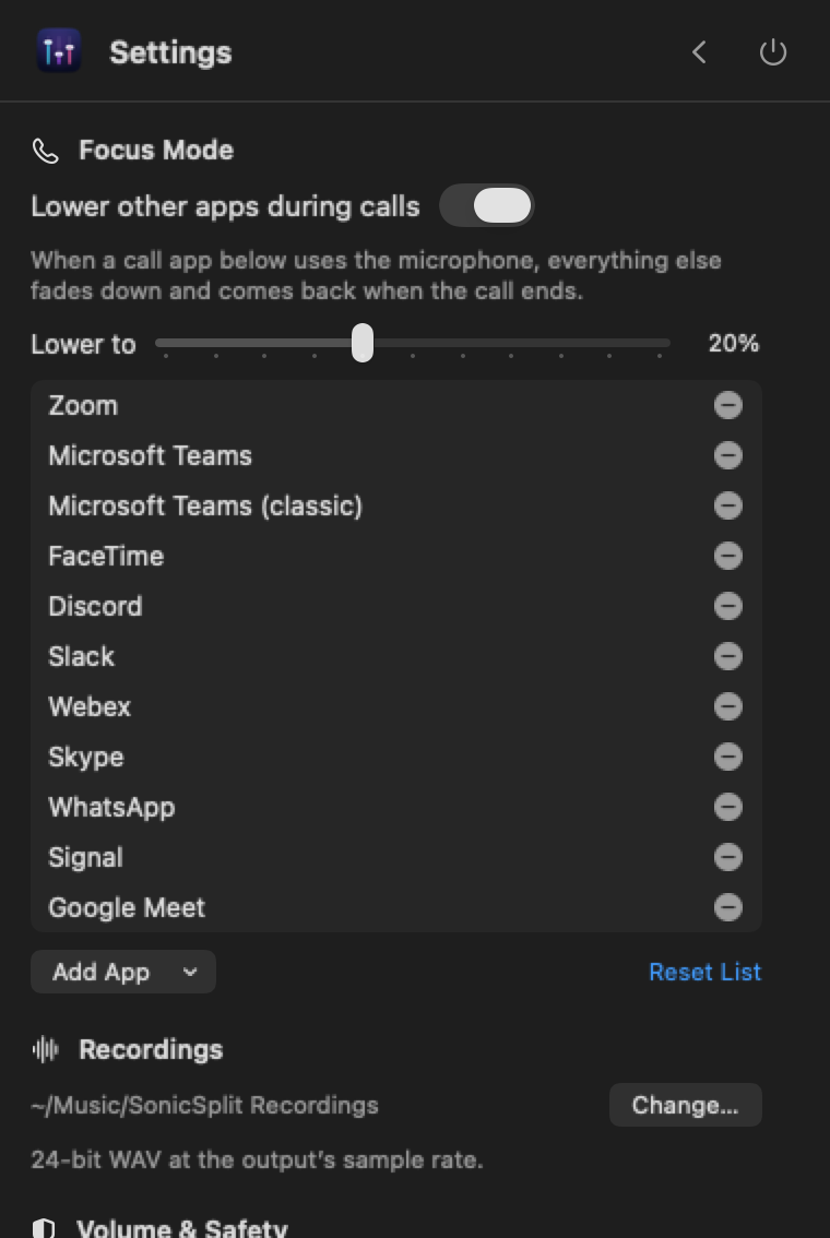 SonicSplit settings: Focus Mode turned on, other apps lowered to 20%, the list of call apps and the recordings folder
